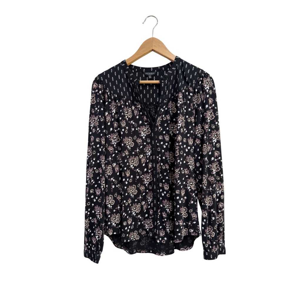 Lucky Brand Women Black Floral Geometric Mixed Print Button Down Blouse Large